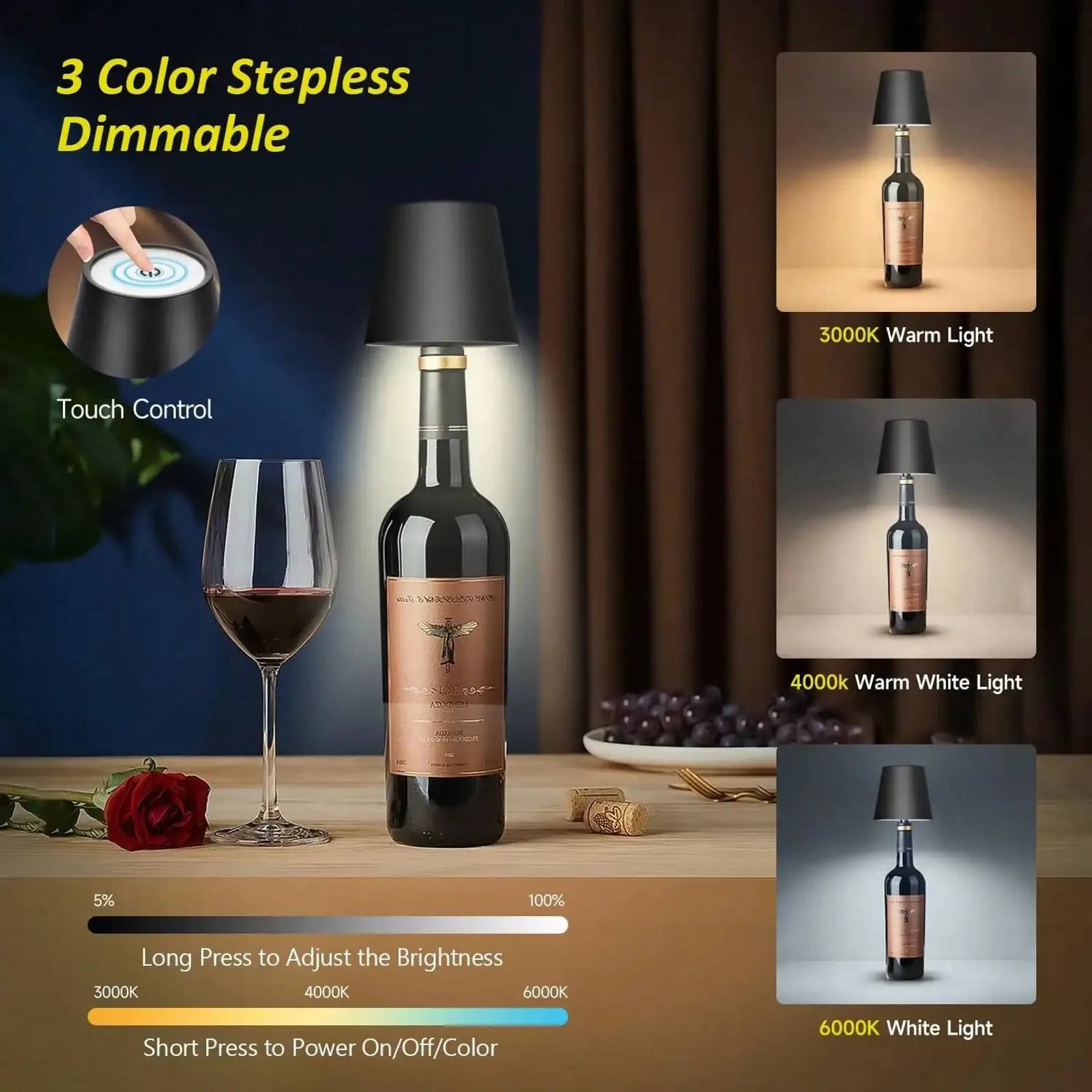 Rechargeable Wireless LED Wine Bottle Lamp – Touch Dimmable Table Light